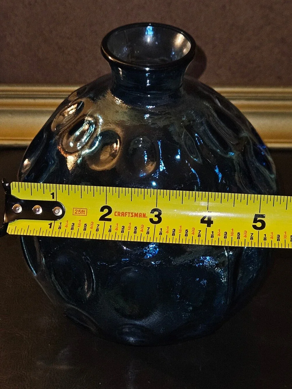Vintage Sapphire Blue Thumb Print Glass Round Flower Vase
